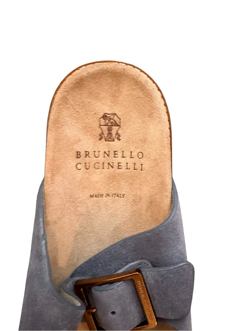 Brunello Cucinelli Suede Double-Buckle Slides in Dusty Blue